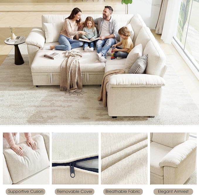 86" Modular Sectional Sleeper Sofa with Pull Out Bed, L Shaped 5 Seat Couch with 151L Storage, Convertible Cloud Couch Bed, Sectional Couches for Living Room, Apartment (Beige)