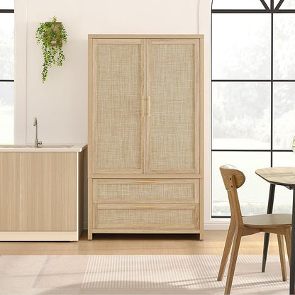 SICOTAS Armoire Wardrobe Closet, Larger Rattan Wardrobe Storage Cabinet with 2 Drawers & Hanging Rod, Boho Large-Capacity Deep Clothes Organizer for Cloakroom, Bedroom, Light Oak (3 PCS)