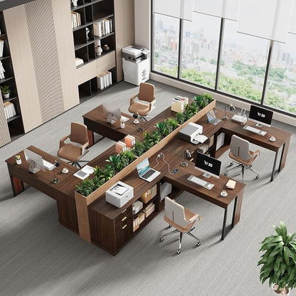55'' Executive Desk with 3 Fluted Drawers, L Shaped Computer Desk with Lift Desktop & Power Outlets, Storage Shelves, CPU Stand, Industrial Office Desk with Cabinet (Dark Walnut)