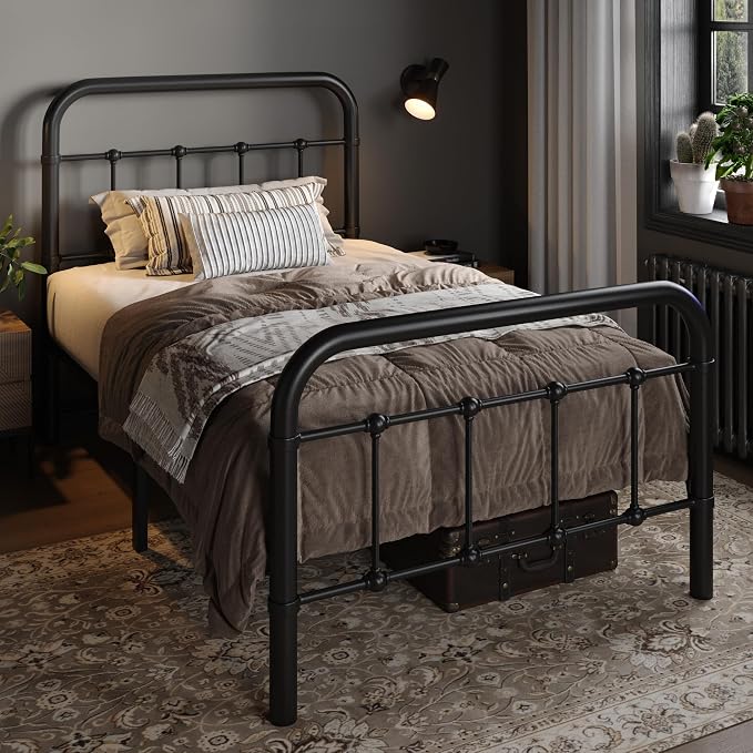 Allewie Twin Size Metal Platform Bed Frame with Victorian Style Wrought Iron-Art Headboard/Footboard, No Box Spring Required, Black