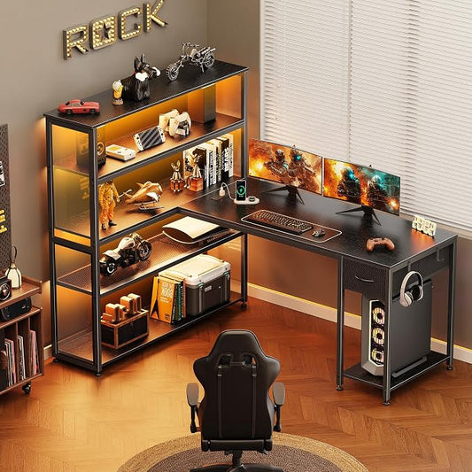 PRAISUN 57 Inch L Shaped Gaming Computer Desk with Larger Open Cabinet, Reverisble Office Desk with Power Outlets, LED Lights, Work Desk, Fabric Drawer, Adjustable Wood and Mesh Shelf, Black