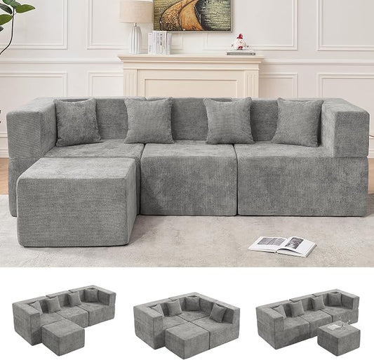 MONVANE 103'' Modular Sectional Sofa, Cloud Sectional Couch with Ottoman, Convertible Chenille L Shaped Couch with Deep Seat, Sectional Couches for Living Room, No Assembly Required, Light Grey