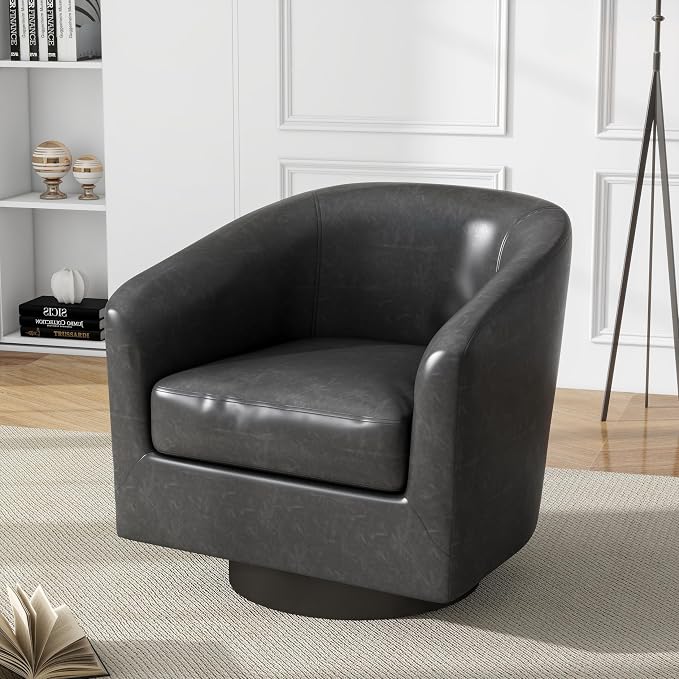 Swivel Barrel Accent Chair, Faux Leather Club Chair Upholstered Armchair for Living Room, Modern Arm Chair Small Single Sofa Bedroom Side Reading Seat - Black