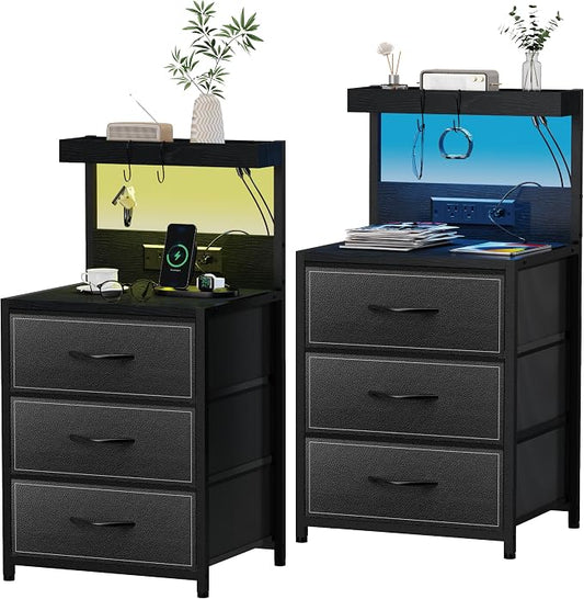 SZLHANJZ LED Nightstand Set of 2, Night Stand with 3 Drawers and Type C Charging Station, Storage End Table with Shelf and Hooks, Large Bedside Table for Dorm Bedroom, Black