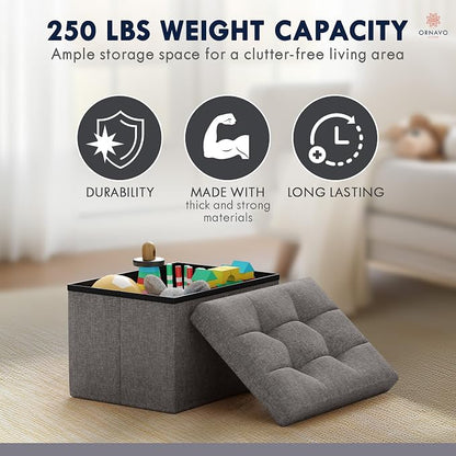 Ornavo Home Small Storage Ottoman Foldable Collapsible Rectangle Linen Ottoman Foot Rest Stool Seat, for Living Room, Bedroom, Home Office, Dorm - 12 x 16 x 12, Dark Gray