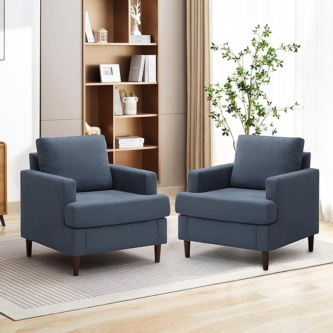 Weture Mid-Century Accent Chair,Modern Linen Fabric Armchair for Living Room,Comfy Upholstered Reading Accent Chairs for Bedroom,Single Sofa Chair with Wood Legs (Blue Grey, 2 Pack)