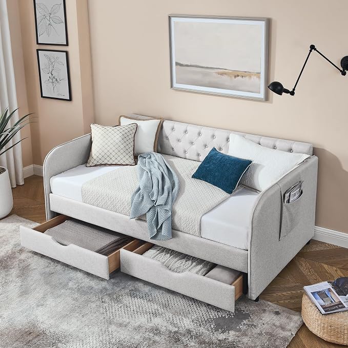 KEIKI Twin Size Upholstery Daybed with Trundle and 2 Drawers, Twin to King Design Mid-Century Style Extendable Sofa Bed, Easy Assembly, No Box Spring Required, for Living Room, Beige