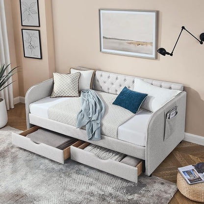 KEIKI Twin Size Upholstery Daybed with Trundle and 2 Drawers, Twin to King Design Mid-Century Style Extendable Sofa Bed, Easy Assembly, No Box Spring Required, for Living Room, Beige
