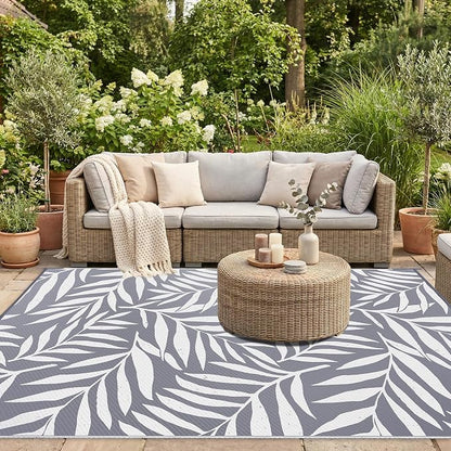 Smiry Outdoor Rug 8x10 ft, Waterproof Reversible Plastic Straw Rugs, Outdoor Area Rug with Leaf Pattern, Outside Floor Mat for Patio, Backyard, Deck, Picnic, Beach, Camping, Grey & White
