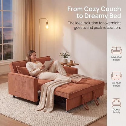 3 in 1 Convertible Sofa Bed, Corduroy Fabric Loveseat Sleeper Couch, Modern Pull Out Couch with Side Pockets, Sleeper Sofa Bed with Adjustable Backrest for Living Room, Orange