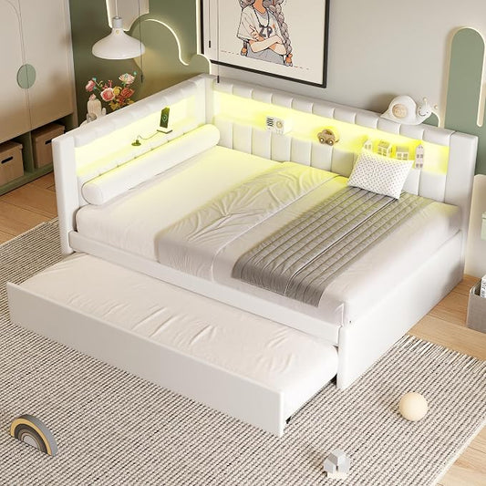 Merax Modern Upholstered Platform Bed Frame with USB Ports & Trundle Bed, Floor Sofa Day Bed with Storage Headboard, No Box Spring Needed/Easy Assemble/Full,White