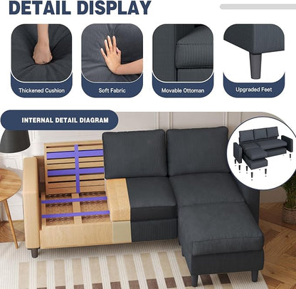 Shintenchi Modern Upholstered Sectional Sofa, L-Shaped Couch with Movable Ottoman and Reversible Chaise for Living Room, Dark Gray