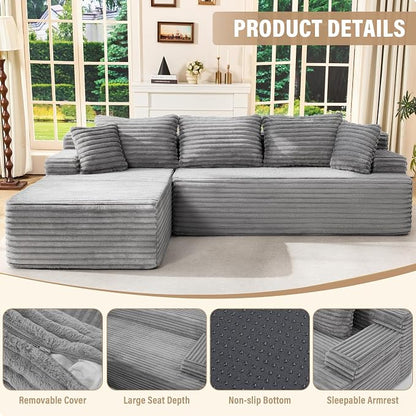 Hobestluk Boneless Couch Modular Sectional Sofa L-Shape Oversized Chaise | 108" Left Facing Chaise Pale Gray,Memory Foam,Removable Cover,Non-slip Bottom,No Assemble Required,Living Room Furniture
