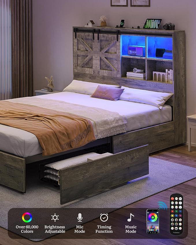 DWVO Farmhouse Queen Size Bed with 50" Tall Storage Bookcase Headboard, Sliding Barn Door, 4 Storage Drawers, RGB LED Bed Frame w/Type-C&USB Charging Station, No Box Spring Needed, Antique Grey