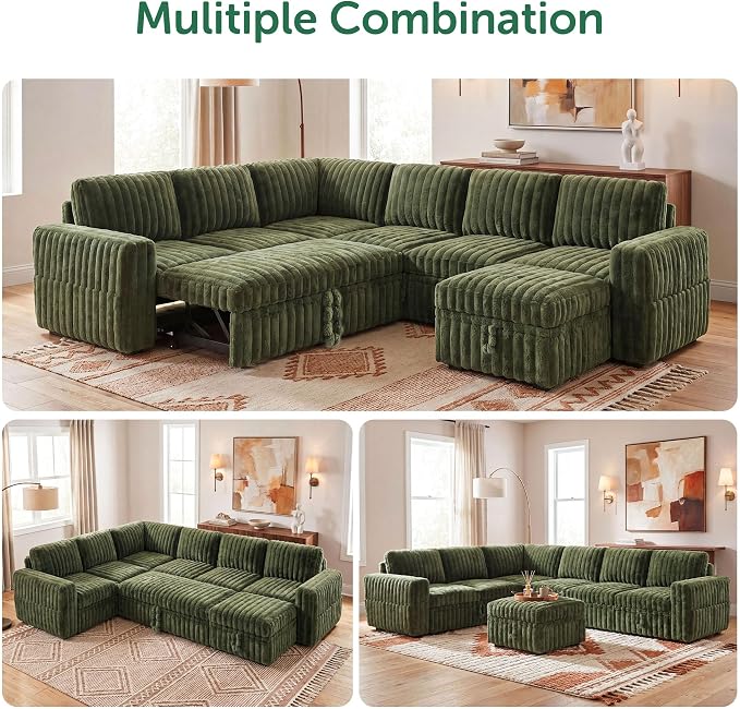 HONBAY Plush Corduroy Modular Sectional Sofa with Pull Out Bed, Convertible U Shaped Couch with Storage,Sleeper Sectional Couches for Living Room,Plush Green