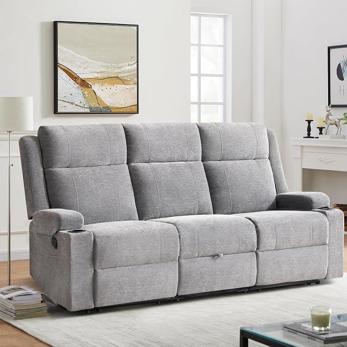 GUEAPY Large Manual Reclining Sofa – 3-Seater Chenille Reclining Couch with Cup Holders, Wide Seat, Easy Assembly & Spill-Resistant Fabric – Cozy Reclining Sofa for Living Room, Apartment, RV