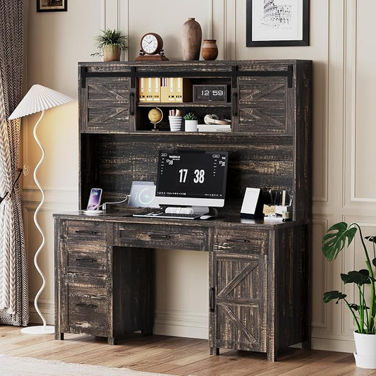 LUMISOL Farmhouse Executive Desk with Hutch and Charging Station, Computer Desk with 2 Sliding Barn Doors, 5 Drawers and Storage Cabinet with 3-Position Adjustable Shelf, Rustic Grey