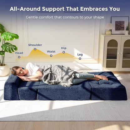 MAXYOYO 8" Folding Sofa Bed, Fold Out Chair Bed, Convertible Floor Sofa Couch, High-Density Foam Tufted Lounge Couch for Living Room Bedroom Dorm, Single, Navy