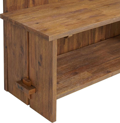 Alaterre Furniture Bethel Hall Tree with Bench – Rustic 70-Inch Entryway Organizer with 7 Metal Double Coat Hooks, Solid Wood Bench and Storage Shelves for Mudroom or Hallway (Natural Aged Brown)