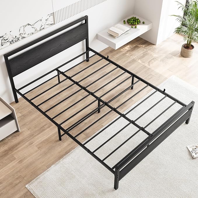 BOFENG Black Queen Size Bed Frames with Wood Headboard,Heavy Duty Metal Platform Bed Frame with Storage No Box Spring Needed,Strong Steel Slats Support,Noise Free