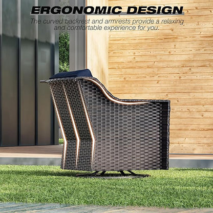 Joyside Wicker Patio Furniture Sets, 6 Pieces Upgraded Large Size Outdoor Furniture with Swivel Rocking Patio Chairs, Two 3-Seat Sofa, Outdoor Ottoman, Thick Cushions, Wide Armrest, Blue