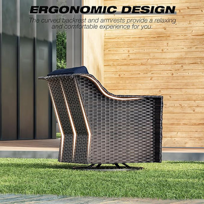 Joyside Wicker Patio Furniture Sets, 10 Pieces Upgraded Large Size Outdoor Furniture with 4 Swivel Rocking Patio Chairs, 3-Seat Sofa, Outdoor Ottoman, Thick Cushions, Wide Armrest, Blue