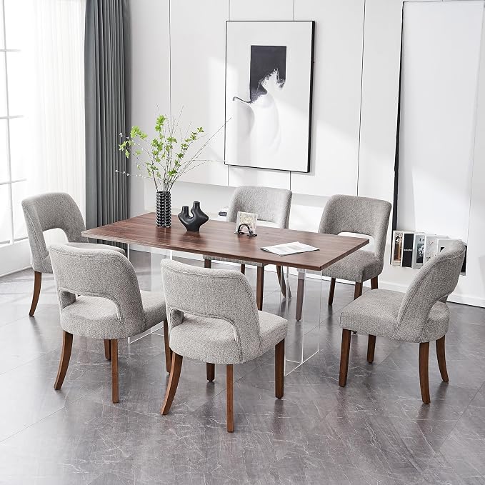VKNOW Wooden Dining Chairs Set of 6, Modern Fabric Upholstered Dining Room Chair Kitchen Chairs, Farmhouse Dinner Chair for Kitchen Dining Room, Grey