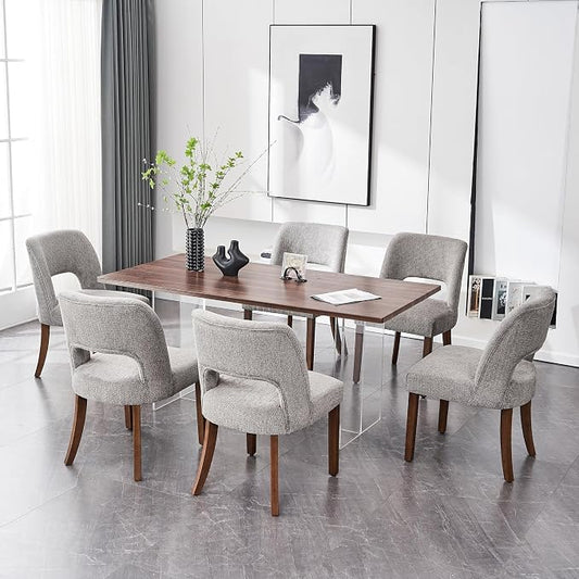 VKNOW Wooden Dining Chairs Set of 6, Modern Fabric Upholstered Dining Room Chair Kitchen Chairs, Farmhouse Dinner Chair for Kitchen Dining Room, Grey
