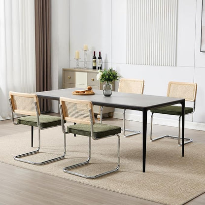 Zesthouse Natural Rattan Dining Chairs Set of 6, Mid Century Modern Dining Chairs with Solid Wood Back & Chrome Base, for Kitchen Living Room, Breuer Design Inspired, Upholstered Linen Fabric, Green