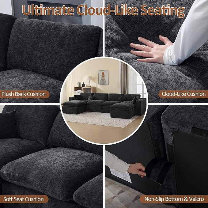 146''Cloud Boneless Modular Couch, Oversized Sectional Sofa Deep Seat with 2 Ottomans, Modern Upholstered Convertible U Shape Couch Comfy 6 Seater Chenille Sofa Couches for Living Room, Dark