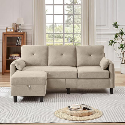 Convertible Sectional Sofa, 77" Small L Shaped 3 Seat Couch with Reversible Storage Chaise, Modern Polyester Fabric Sofa Couches for Living Room, Apartment and Small Space, Beige
