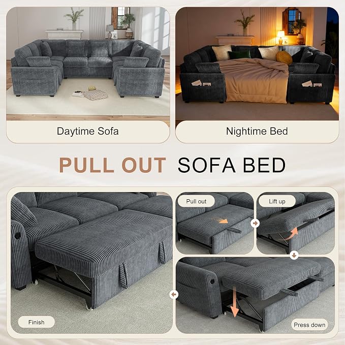 Hanherry Sectional Sofa with Pull Out Couch Bed,8 Seat Corduroy Sleeper Sofa with 2 Seat Storage & USB Charging,Comfy Modular Couches for Living Room,Apartment