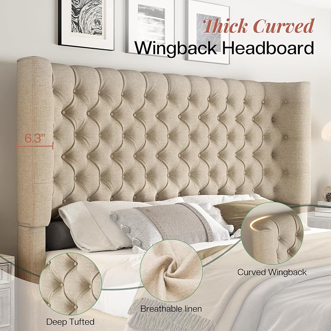 Jocisland California King Size Upholstered Bed Frame with 6.3-Inch Curved Wingback Headboard, Tufted Footboard, Wood Slats, No Box Spring Needed, Khaki Linen
