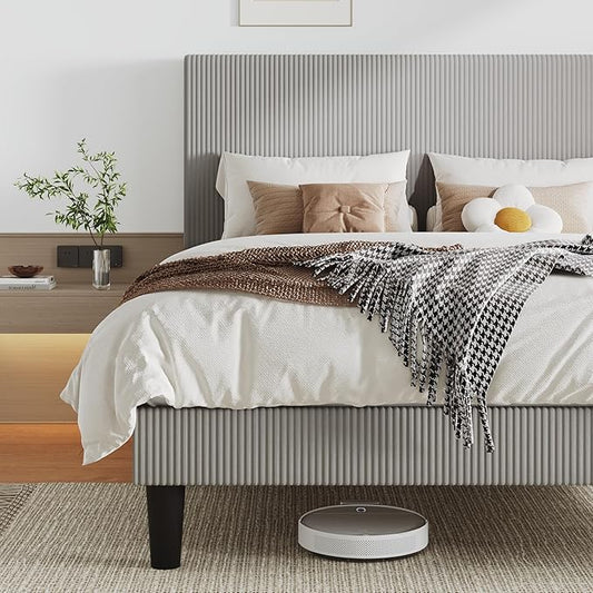 Allewie Full Size Upholstered Bed Frame with Vertical Channel Tufted Headboard, Soft Corduroy Fabric Platform Bed, Strong Wooden Slats Support, Easy Assembly, No Box Spring Needed, Light Grey
