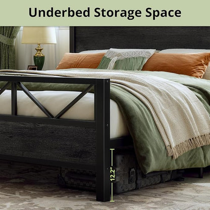 LIKIMIO King Bed Frame, Tall Industrial Headboard 51.2 ", Platform Bed Frame with Strong Metal Support, Solid and Stable, Noise Free, No Box Spring Needed, Easy Assembly, Charcoal Grey