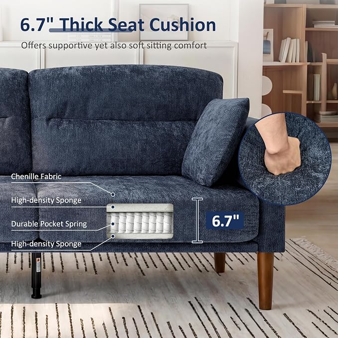 Vipbear 69" Loveseat Sofa,Modern Couches for Small Spaces,Blue Chenille Love Seat Couch for Living Room,Bedroom,Apartment,Office,Deep Seat,Armrest Tabletop,Throw Pillow