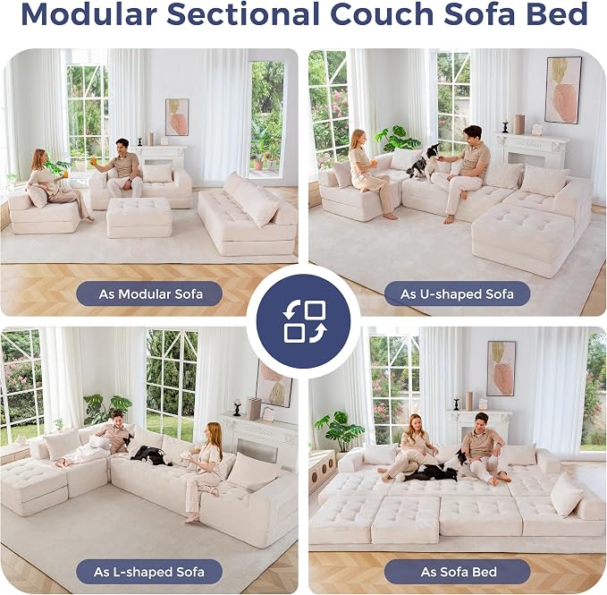 MAXYOYO Modular Sectional Sofa Couch, Foldable U Shaped Cloud Couch with Pillows, Tufted 7-Seat Boneless Lounger Floor Sofa Bed for Living Room, No Assembly Required, Beige
