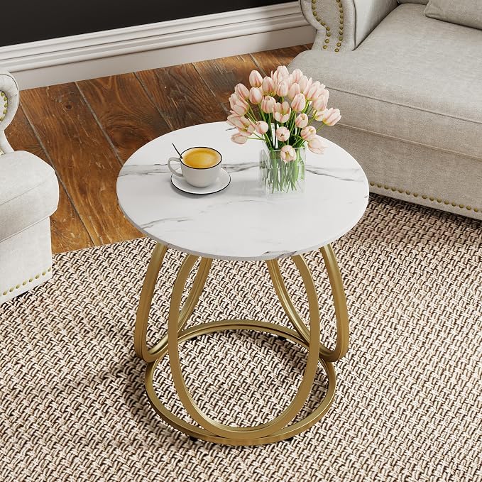 O&K FURNITURE Gold Side Table for Living Room, Round End Table with Chrome Finish, Contemporary Nightstand, Bedroom & Home Office, 1PC