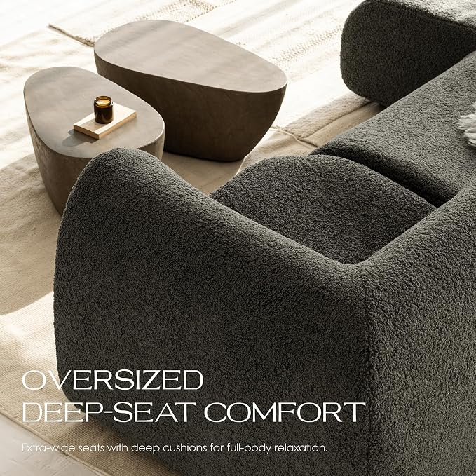 38" Curved Single Sofa Corner Chair, Boneless Sherpa Couch with Deep Seat, Comfy Teddy Sofas for Living Room, Bedroom, Apartment, Modern Sectional Modular Couches – No Assembly, Grey