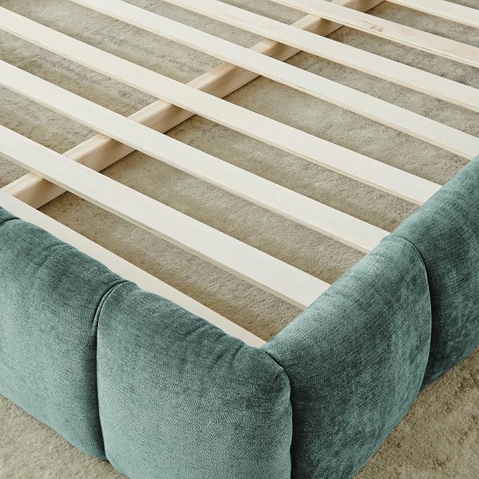 KEIKI California King Thick Chenille Platform Bed Frame with Upholstered Tufted Headboard, Modern Solid Wood Floor Platform for Bedroom, No Box Spring Needed