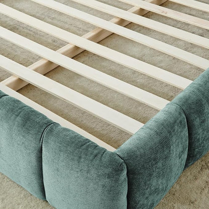 KEIKI California King Thick Chenille Platform Bed Frame with Upholstered Tufted Headboard, Modern Solid Wood Floor Platform for Bedroom, No Box Spring Needed