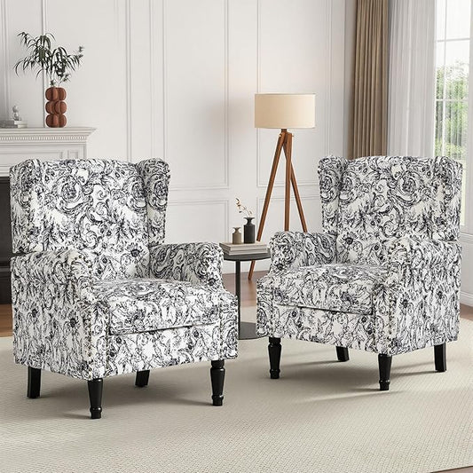 High Back Accent Chairs Set of 2, Fabric Upholstered Armchair Floral Wingback Chair for Living Room, Comfy Single Sofa Solid Wood Legs Bedroom Reading Seat - Rococo Black