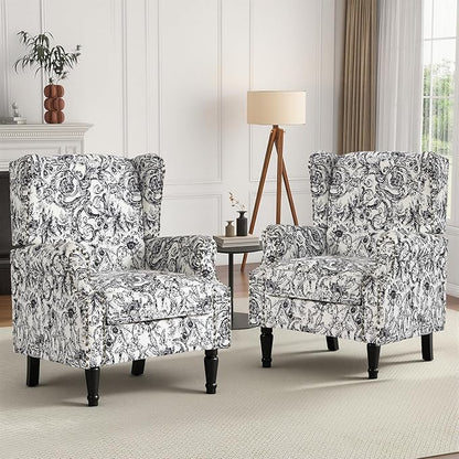 High Back Floral Accent Chair, Fabric Wingback Chair Upholstered Armchair for Living Room - Rococo Black