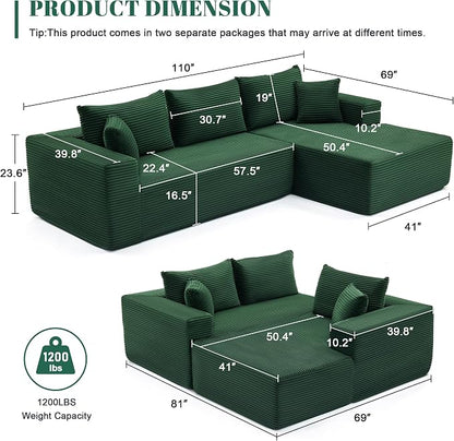 Mangodan 110” Cloud Sectional Couch, Boneless Sofa for Living Room, Modular Sectional Sofa with Deep Seat, Comfy Fluffy Couch with L-Shaped Chaise, No Assembly Required (Right-Facing Chaise, Green)