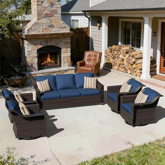 5 Pieces Patio Conversation Furniture Set - 1 Sofa, 4 Swivel Chairs, Outdoor Wicker Furniture with Removable Cushions for Porch, Balcony, Sunroom (Blue)