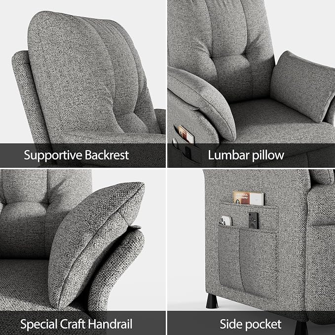 Power Recliner Chair for Adults with Heat & Massage - Linen Electric Reclining Sofa with Remote Control, 3 Side Pockets, 180° Lay Sleeper for Living Room Home Theater, Light Grey