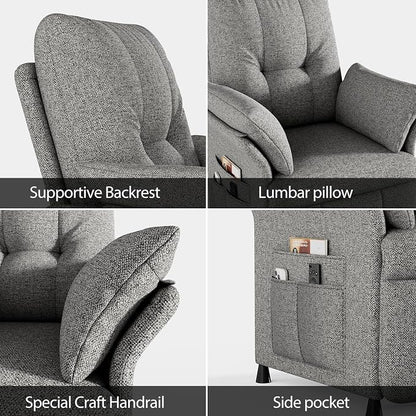 Power Recliner Chair for Adults with Heat & Massage - Linen Electric Reclining Sofa with Remote Control, 3 Side Pockets, 180° Lay Sleeper for Living Room Home Theater, Light Grey