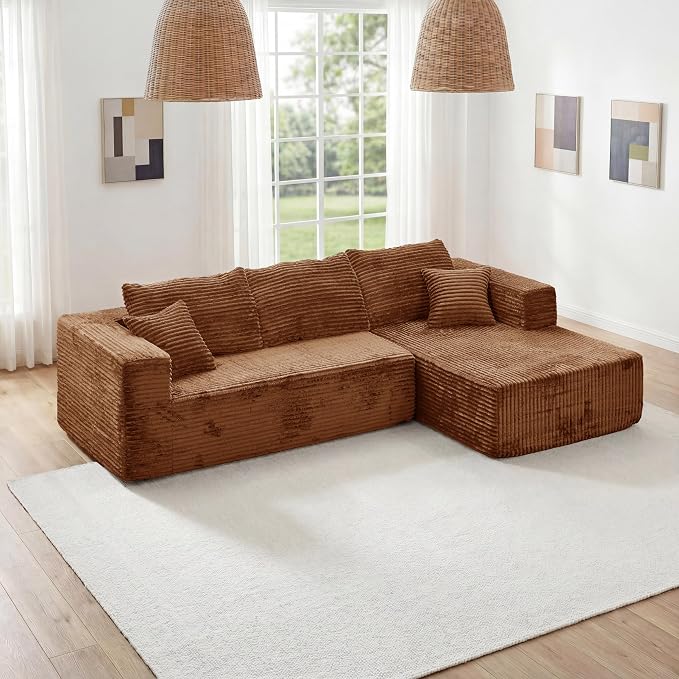 92.5" Modular Sectional Sofa, L-Shaped Cloud Couch with Deep Seats & Chaise, Convertible 4-in-1 Corduroy Boneless Couches for Living Room,Bedroom,No Need Assembly - Brown(Right Facing Chaise)