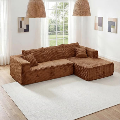 92.5" Modular Sectional Sofa, L-Shaped Cloud Couch with Deep Seats & Chaise, Convertible 4-in-1 Corduroy Boneless Couches for Living Room,Bedroom,No Need Assembly - Brown(Right Facing Chaise)