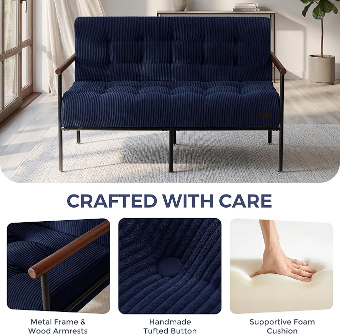 MAXYOYO Living Room Accent Chair, Loveseat Sofa Chair with Sturdy Metal Frame & Wood Armrests, Button Tufted Upholstered Small Couch Modern Love Seat for Bedroom Office, Navy